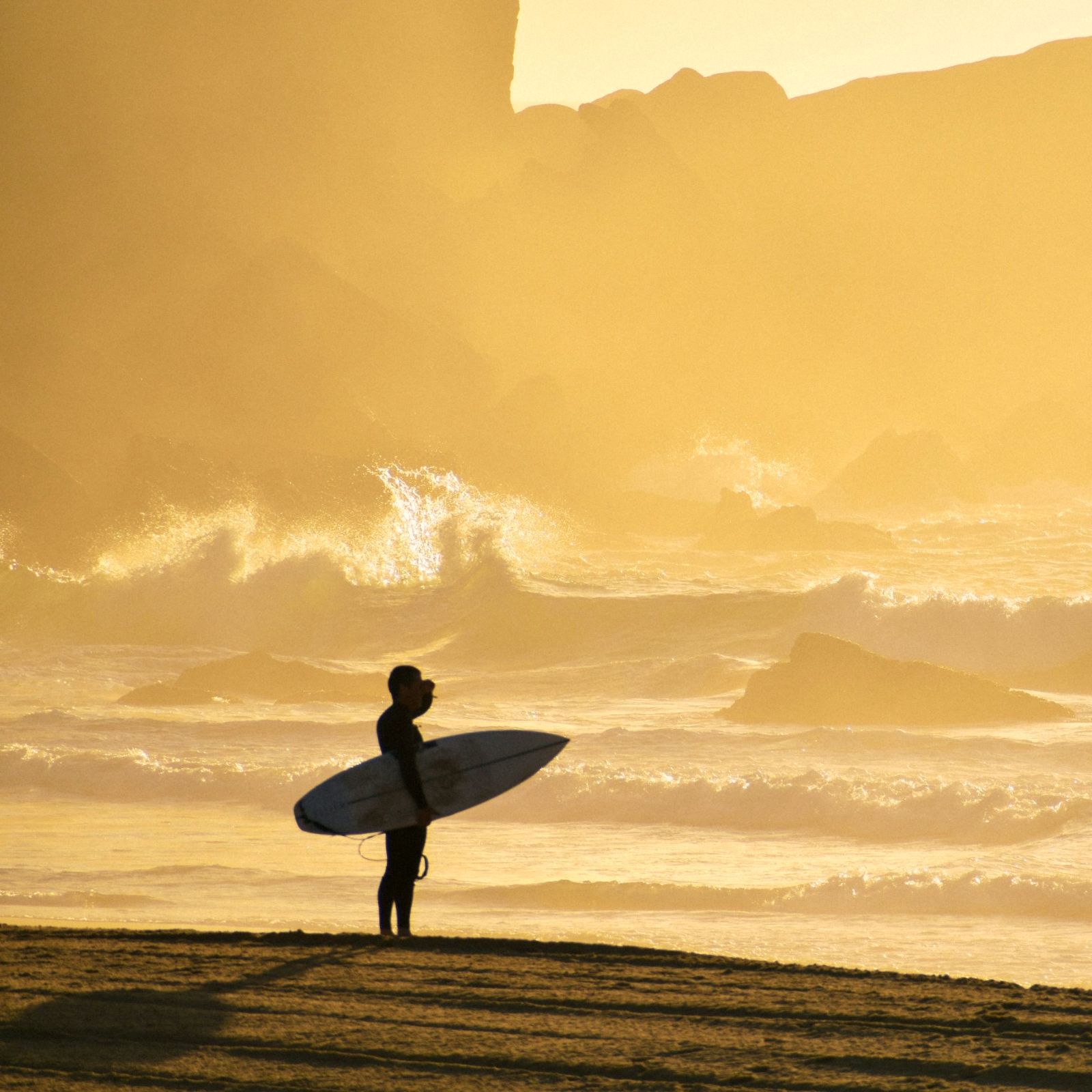 A surfer holding his board, watching the waves at golden hour